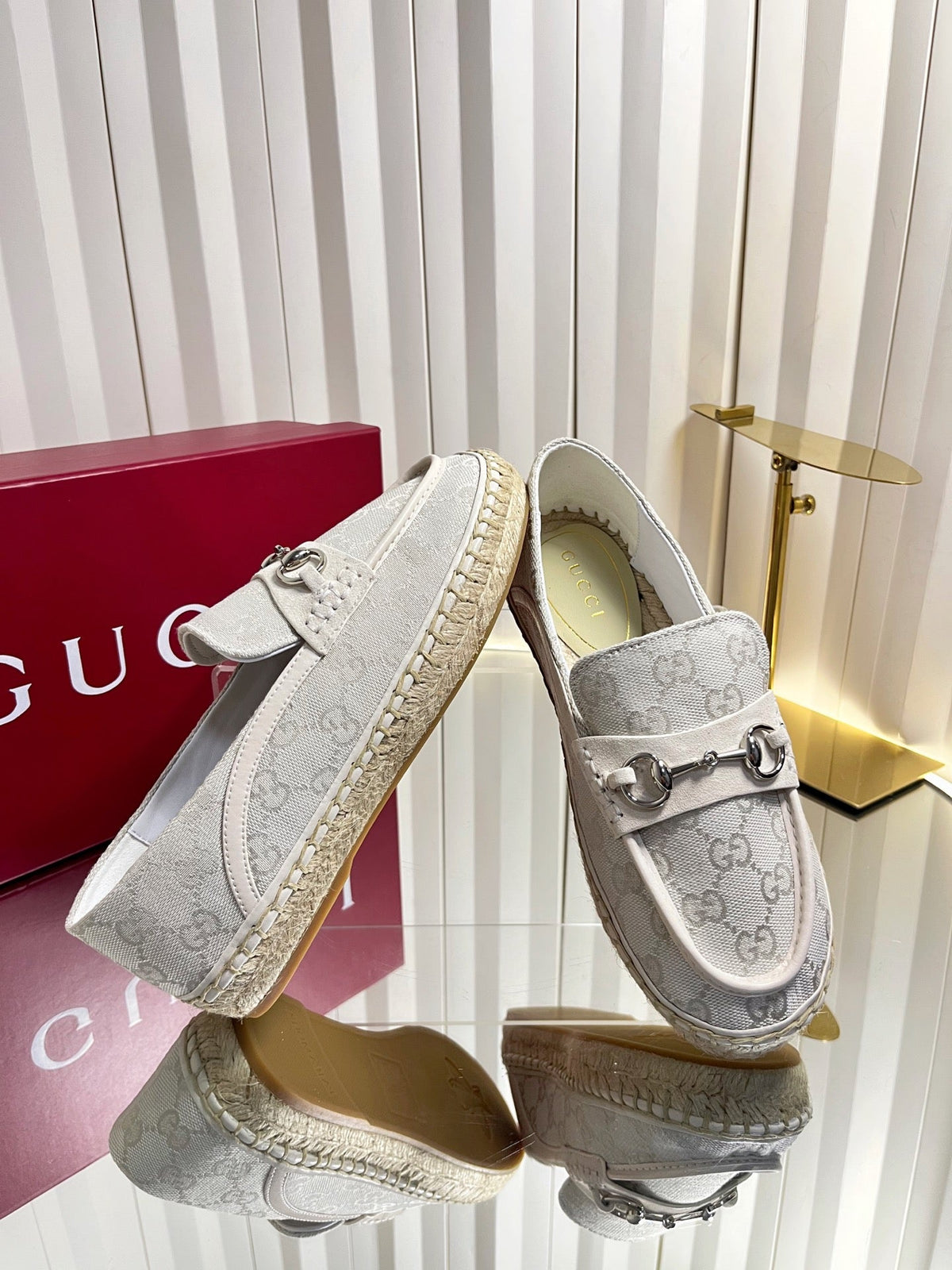 GG 26s Horsebit Espadrilles Flat Light Grey Canvas Suede 768178