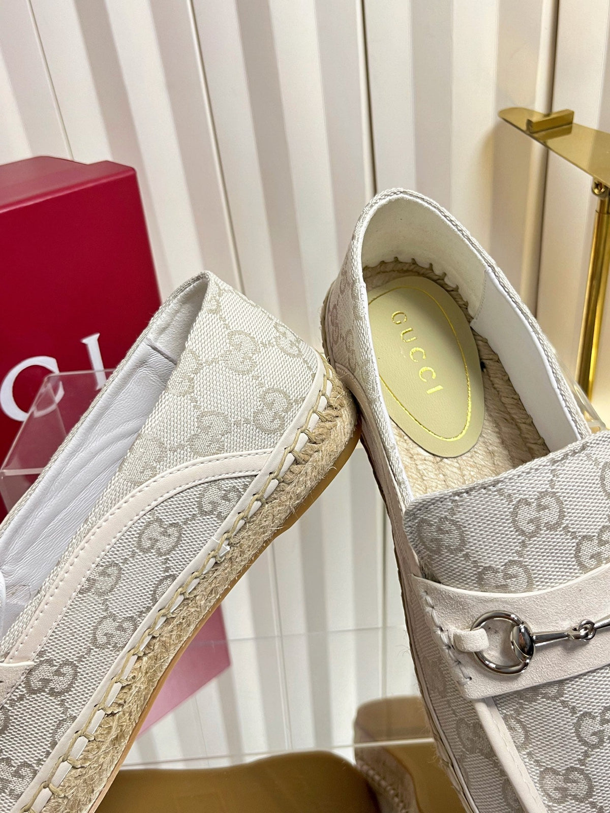 GG 26s Horsebit Espadrilles Flat Light Grey Canvas Suede 768178
