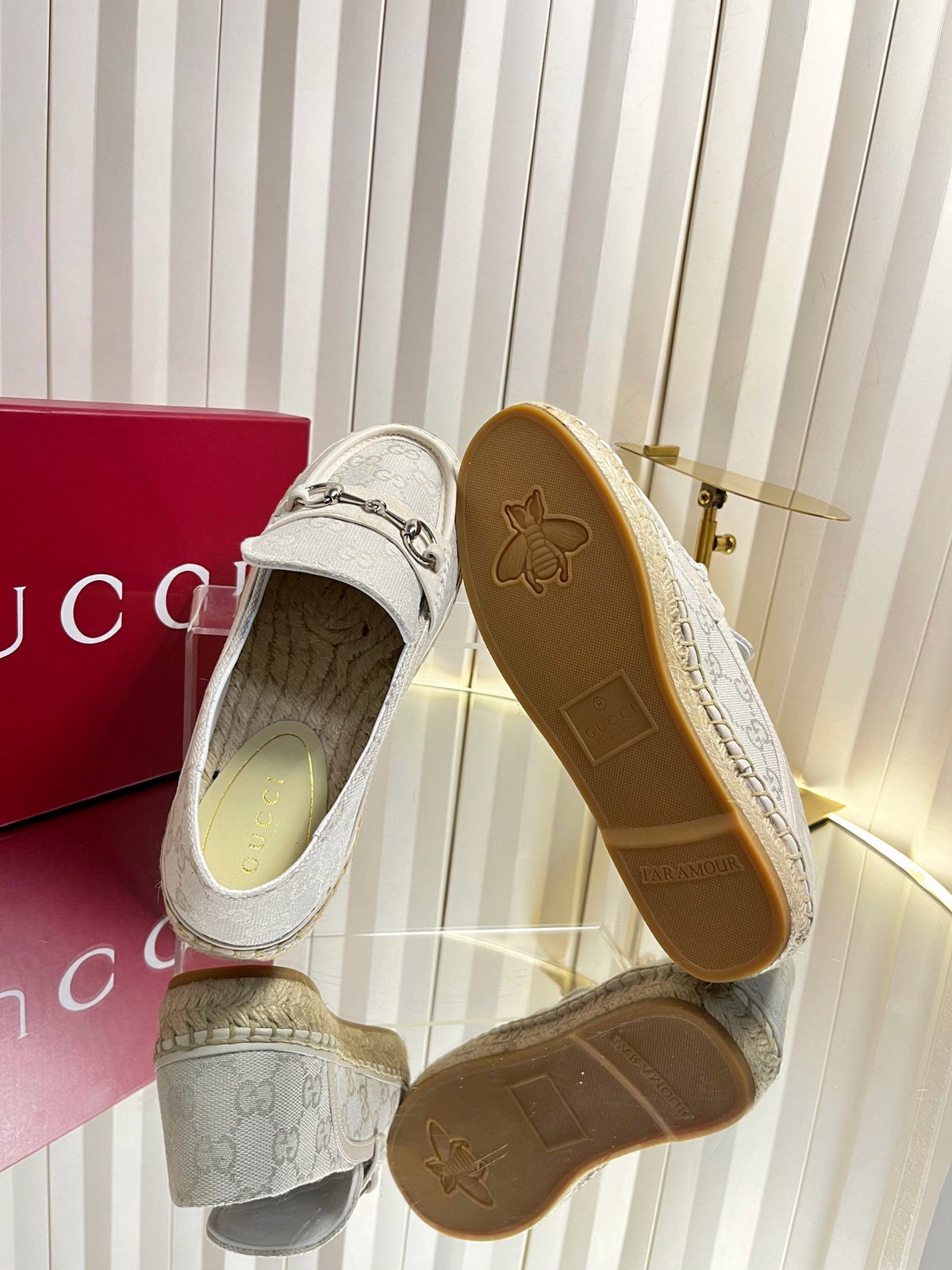 GG 26s Horsebit Espadrilles Flat Light Grey Canvas Suede 768178