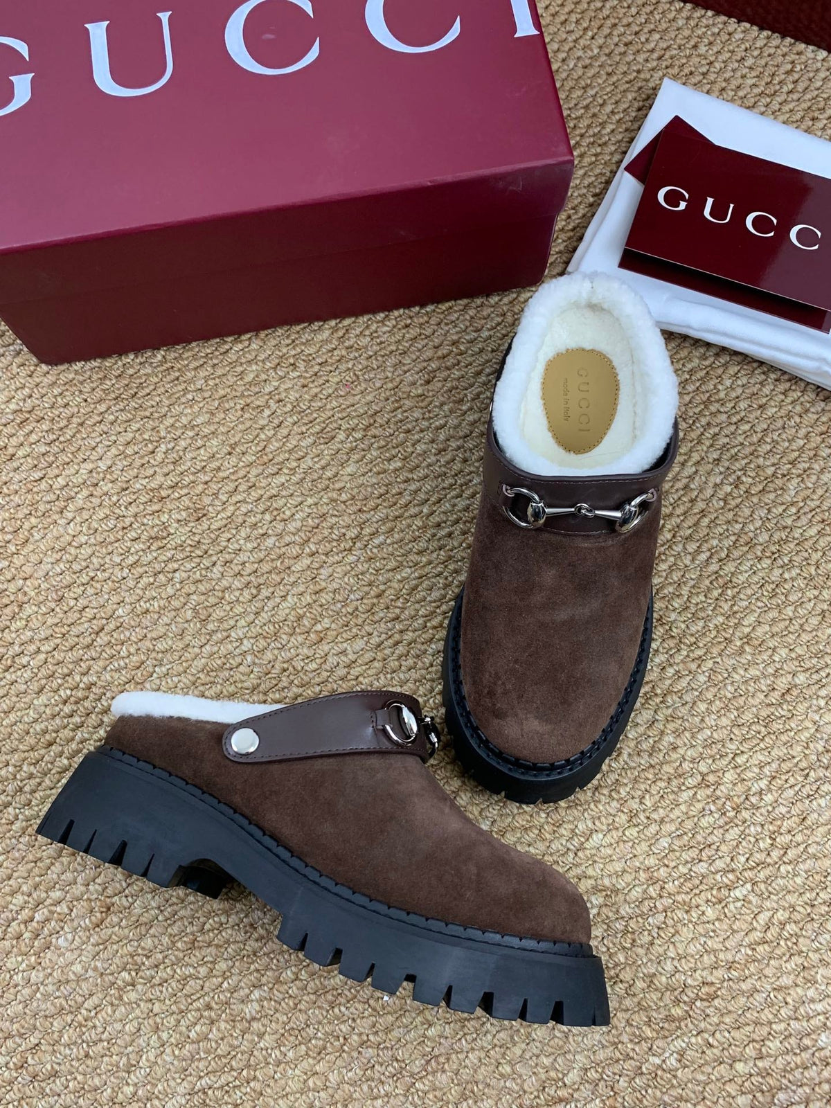 Gucci FW 25 Horsebit Suede Clog Brown Suede with Shearling 506448