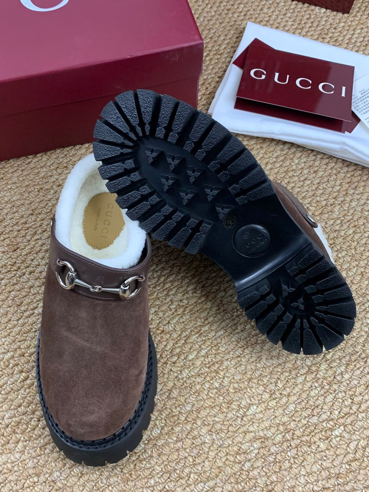 Gucci FW 25 Horsebit Suede Clog Brown Suede with Shearling 506448