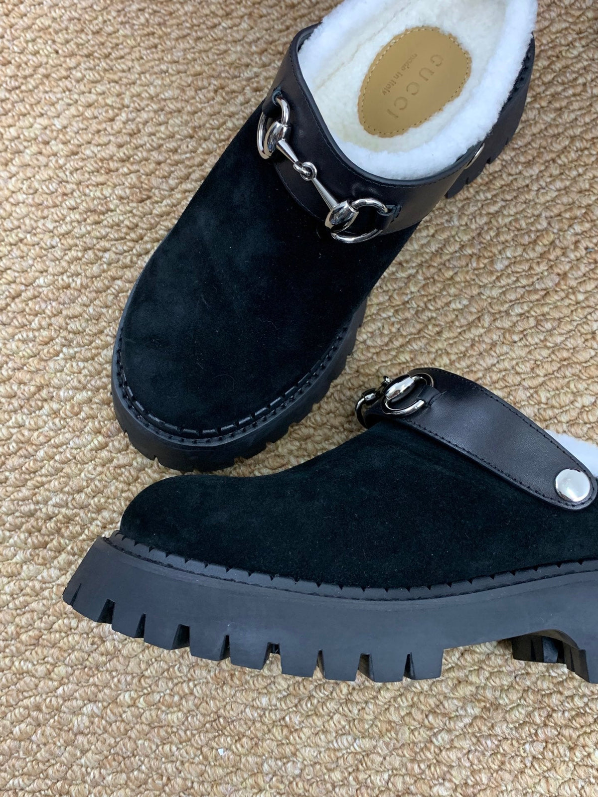 Gucci FW 25 Horsebit Suede Clog  Black Suede with Shearling 506445