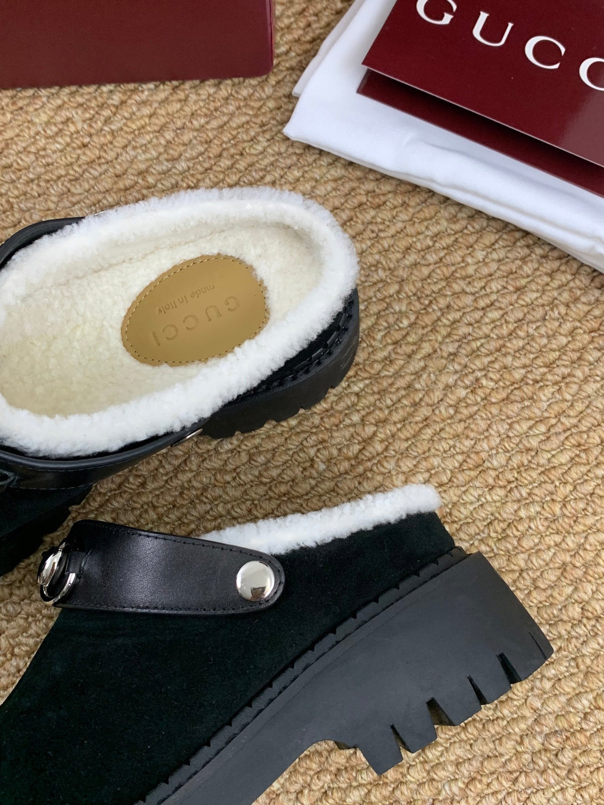 Gucci FW 25 Horsebit Suede Clog  Black Suede with Shearling 506445