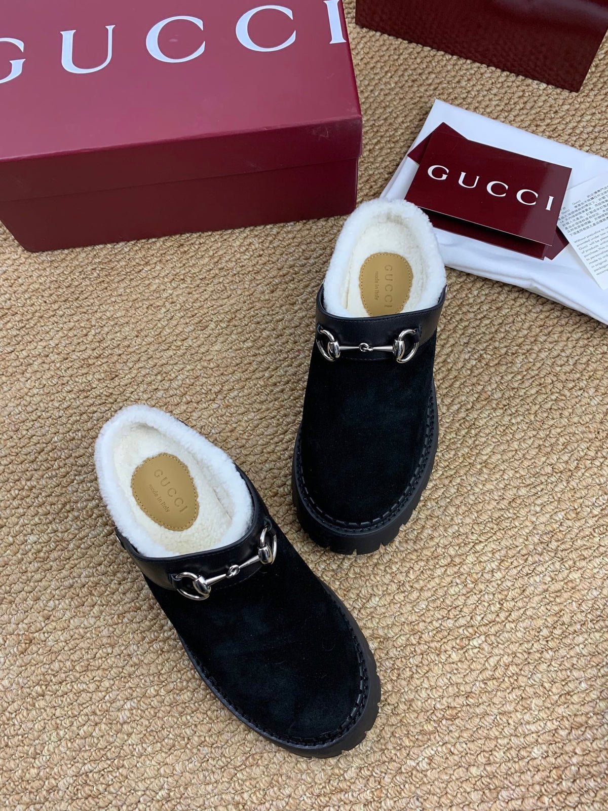 Gucci FW 25 Horsebit Suede Clog  Black Suede with Shearling 506445