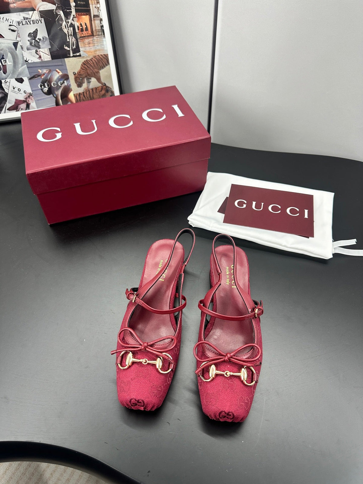 GG 26s Horsebit Slingback 2.5cm Burgundy Canvas 688316