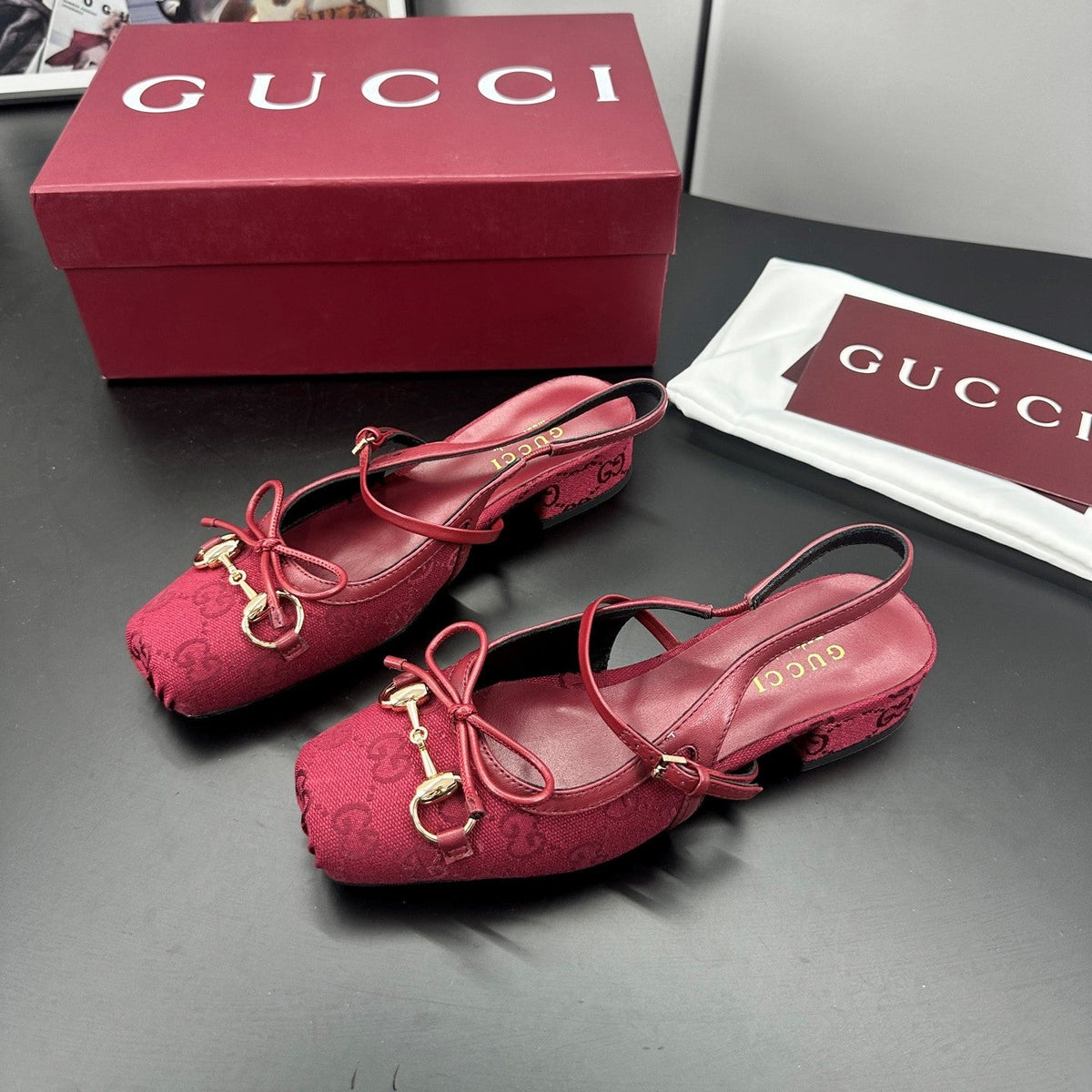 GG 26s Horsebit Slingback 2.5cm Burgundy Canvas 688316