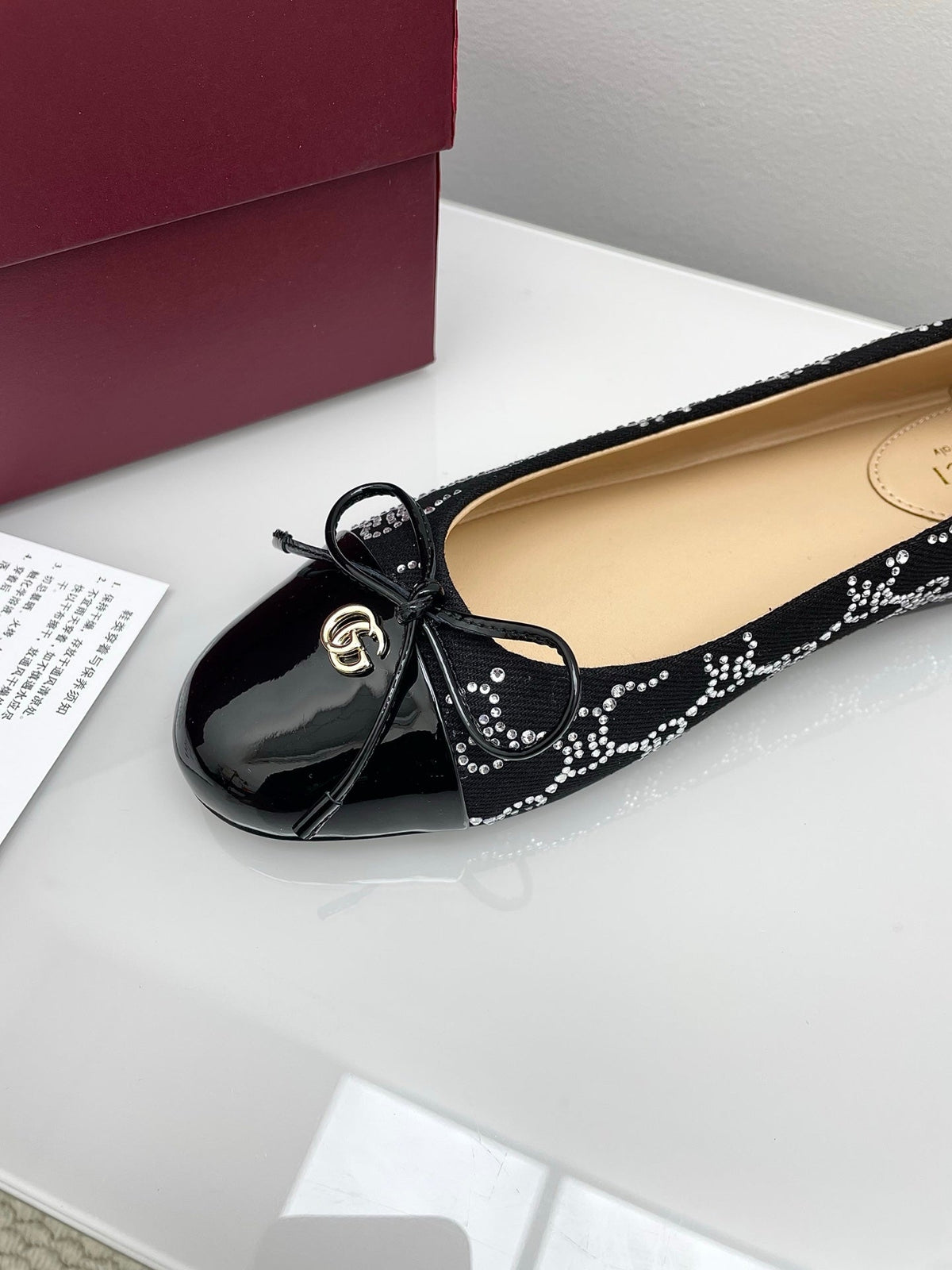GG Women's Crystal Ballet Flat Black Denim Patent Leather Trim 511492