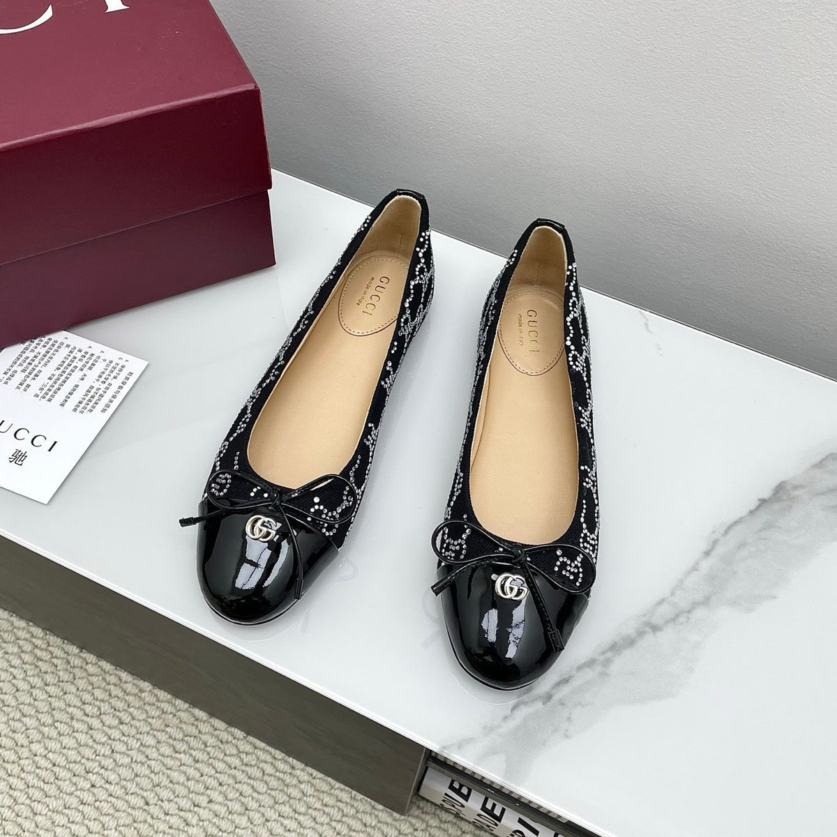 GG Women's Crystal Ballet Flat Black Denim Patent Leather Trim 511492