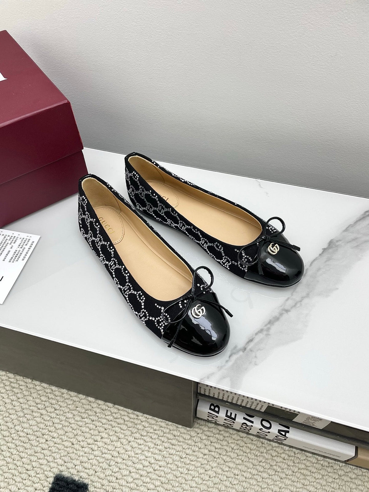 GG Women's Crystal Ballet Flat Black Denim Patent Leather Trim 511492