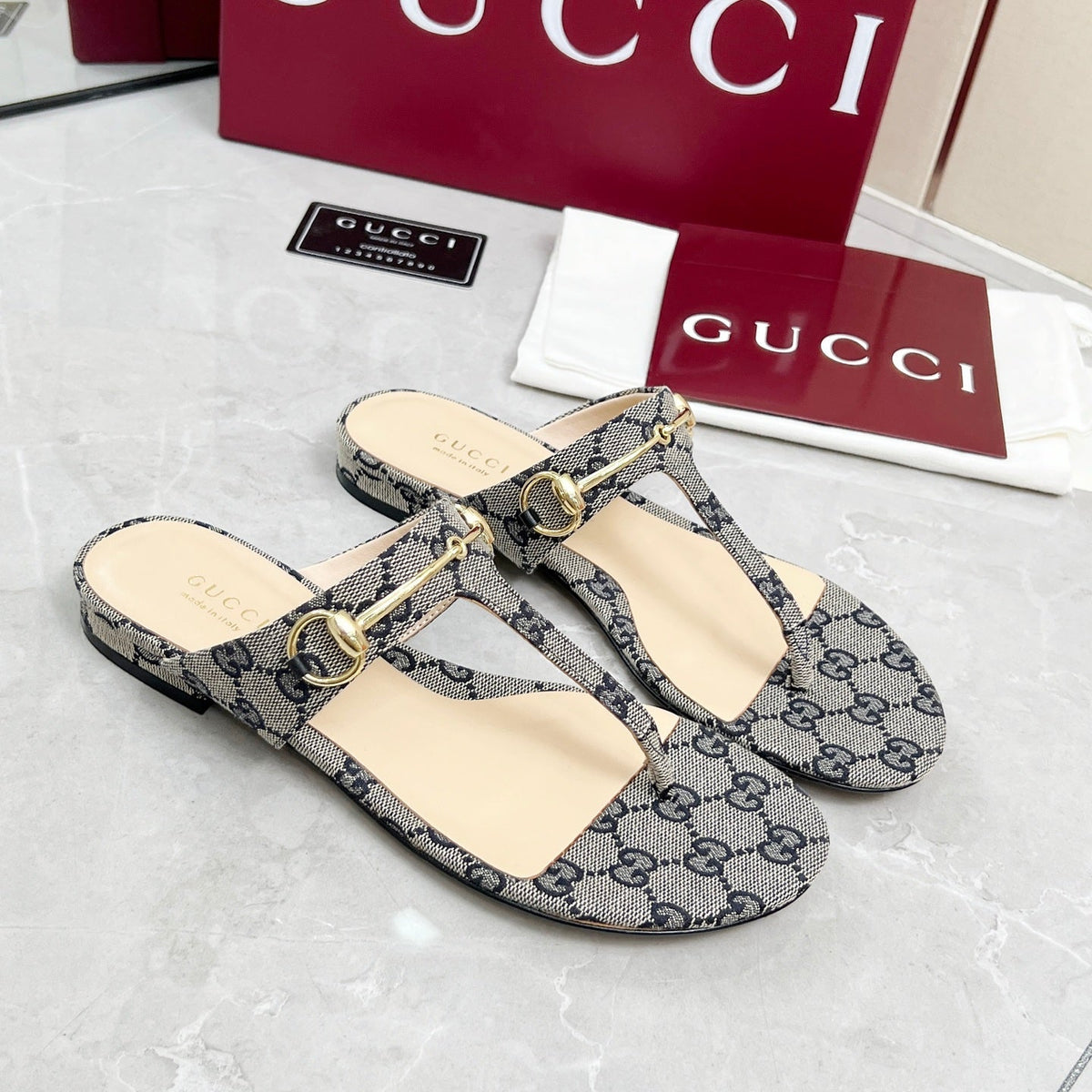 GC 25 Horsebit Thong Sandals Gray Canvas Leather 293855