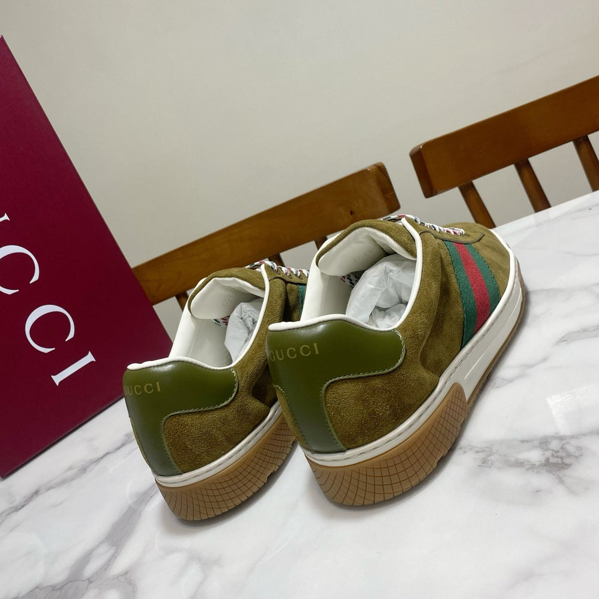 Gucci 26s Sneaker In Olive Brown Suede
