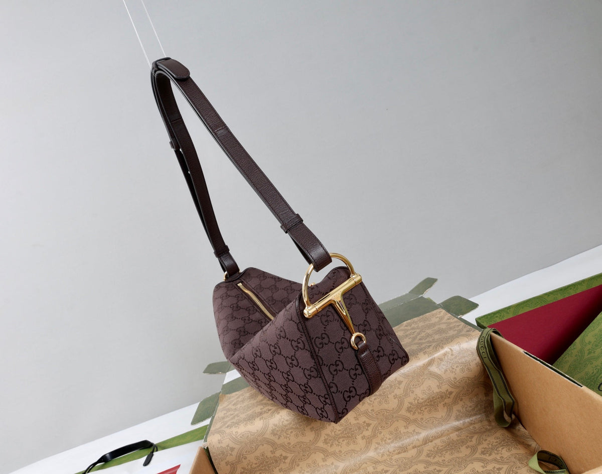 GG Half Horsebit Medium Shoulder Bag Brown Canvas