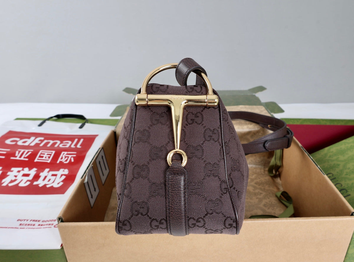 GG Half Horsebit Medium Shoulder Bag Brown Canvas