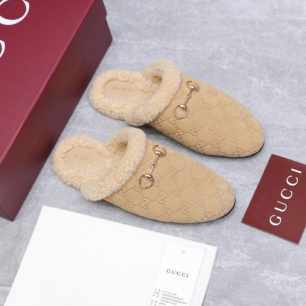 GG Horsebit Mules with Beige Insole Suede Shearing 547327