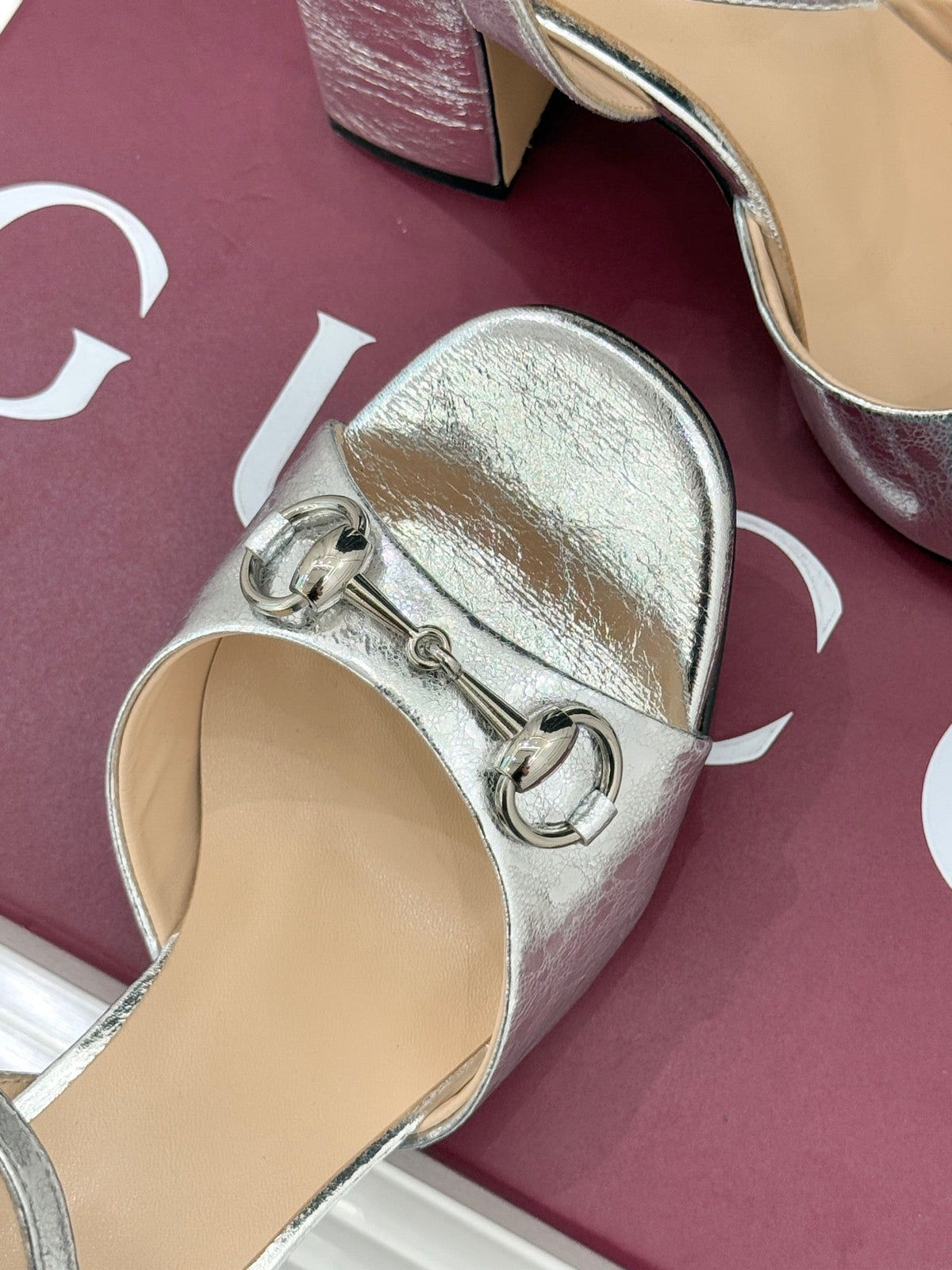 GG 26WF Chunky Heel Sandals 5cm Silver Metallic Sheepskin 632561