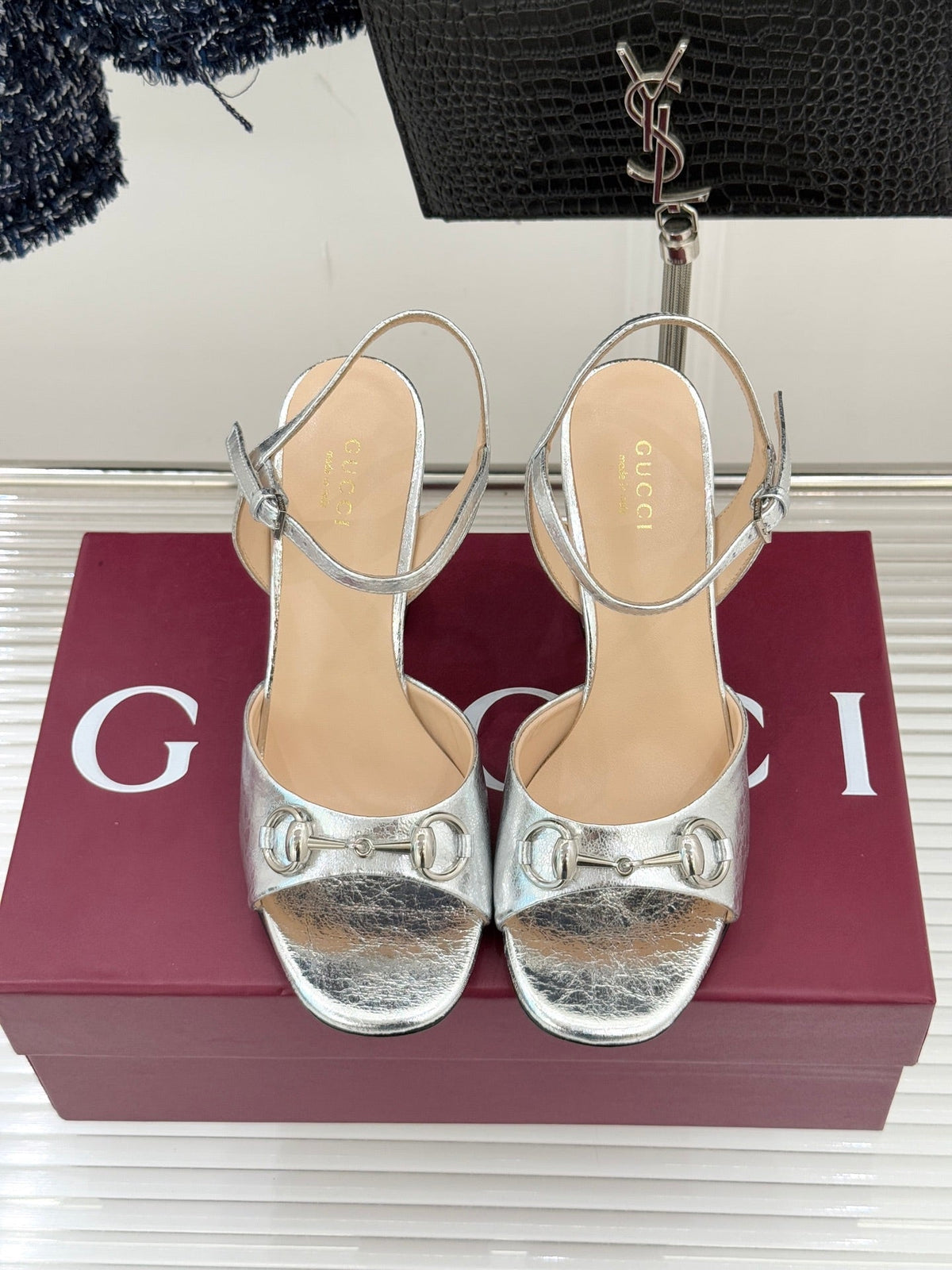 GG 26WF Chunky Heel Sandals 5cm Silver Metallic Sheepskin 632561