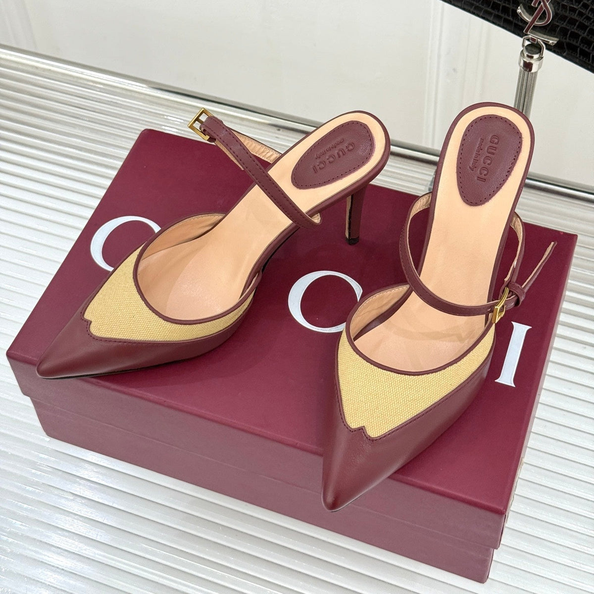 GG 26WF Mules 9.5cm Wine Red Beige Leather Canvas 886168