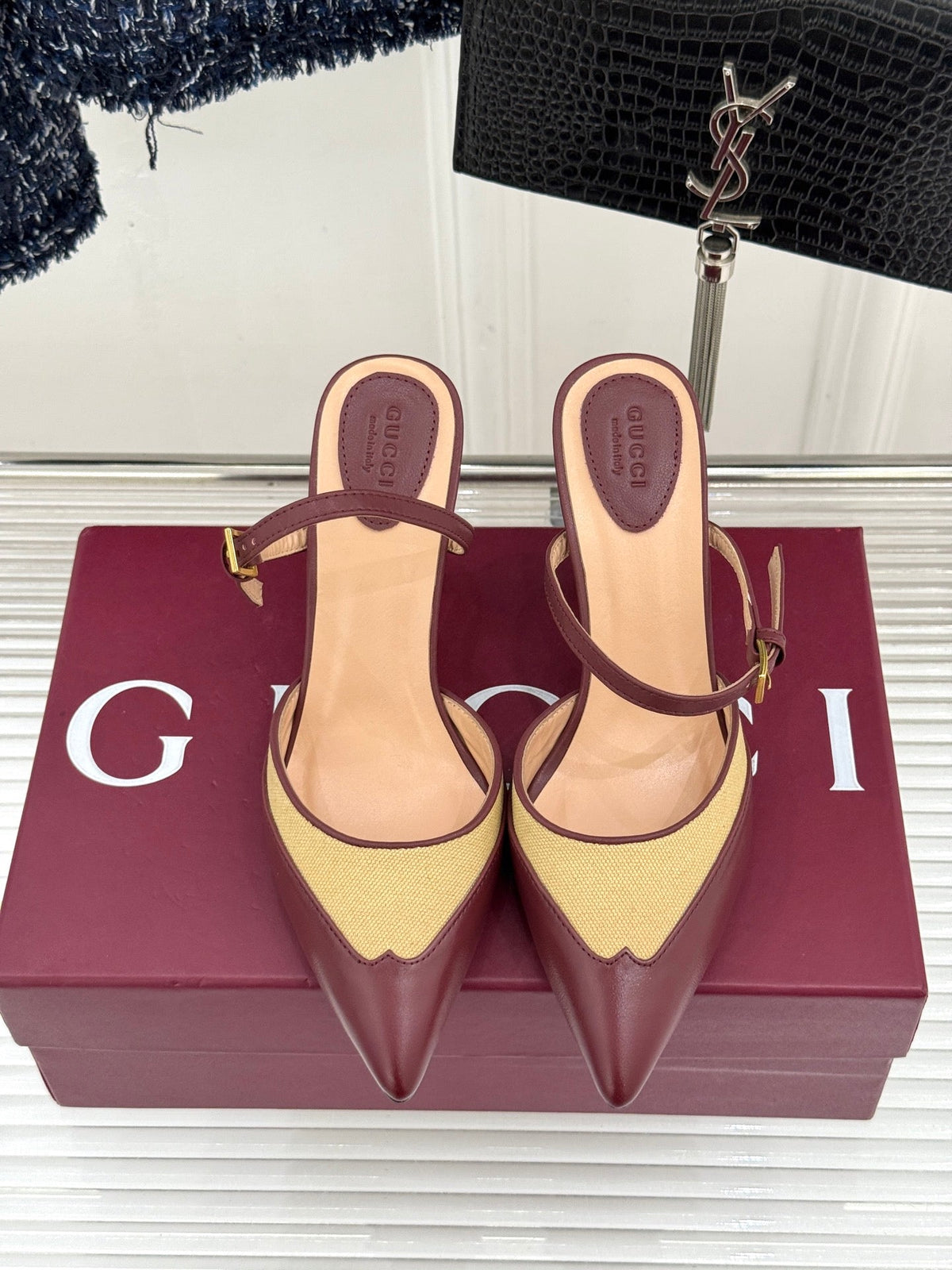 GG 26WF Mules 9.5cm Wine Red Beige Leather Canvas 886168