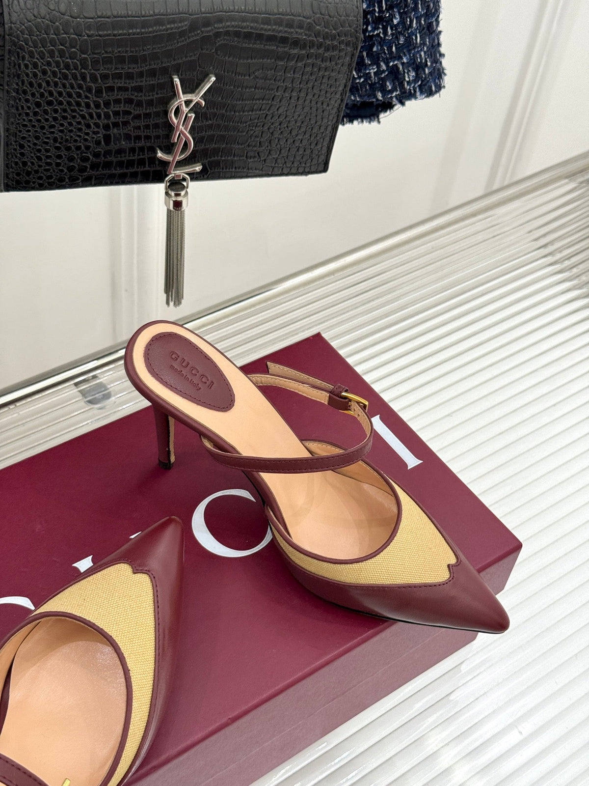 GG 26WF Mules 9.5cm Wine Red Beige Leather Canvas 886168