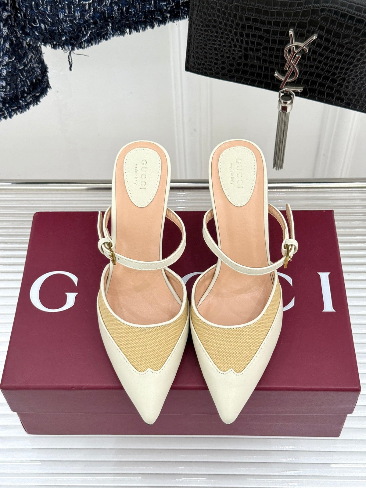 GG 26WF Mules 9.5cm Cream Beige Leather Canvas 886170