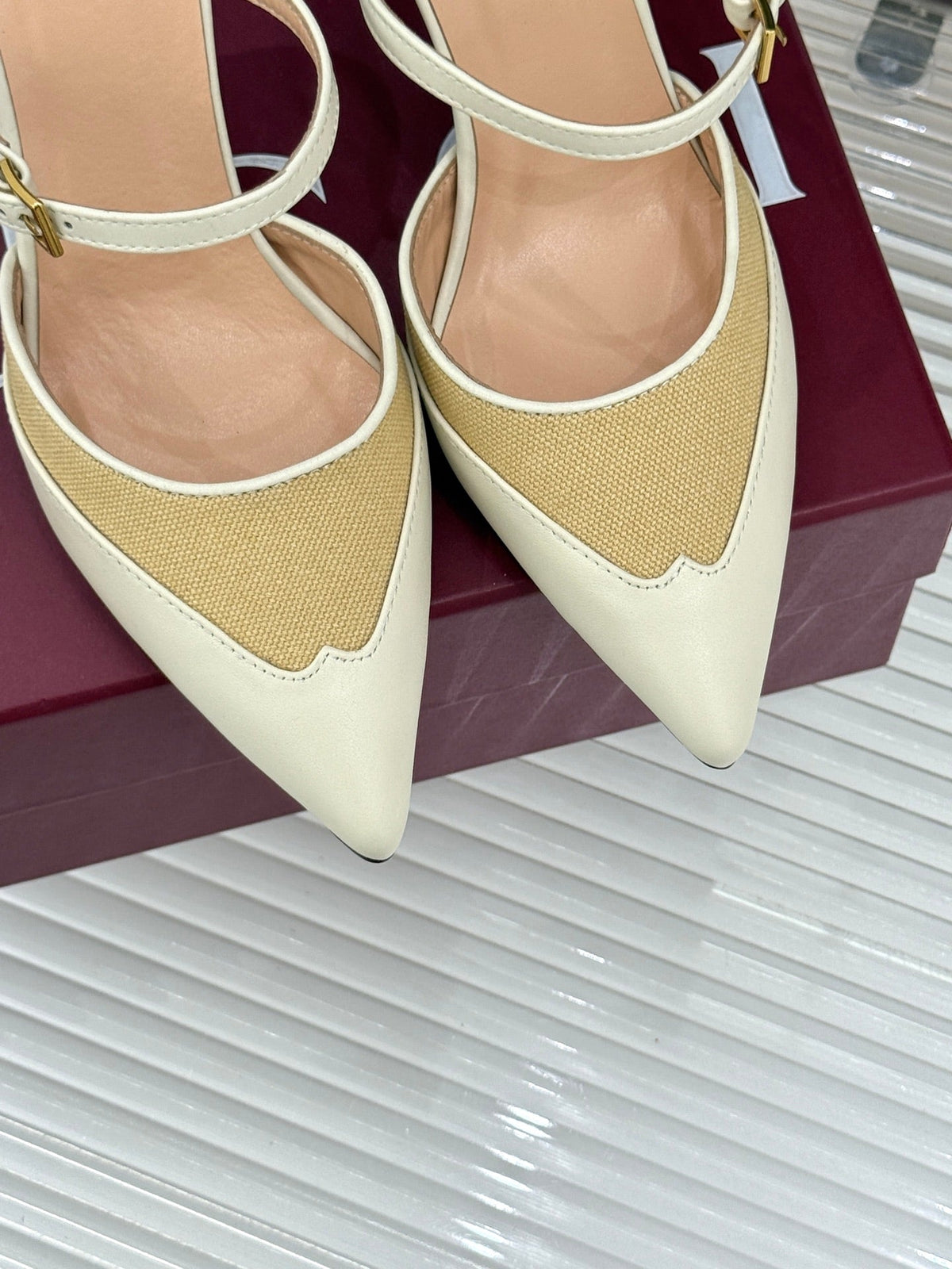 GG 26WF Mules 9.5cm Cream Beige Leather Canvas 886170