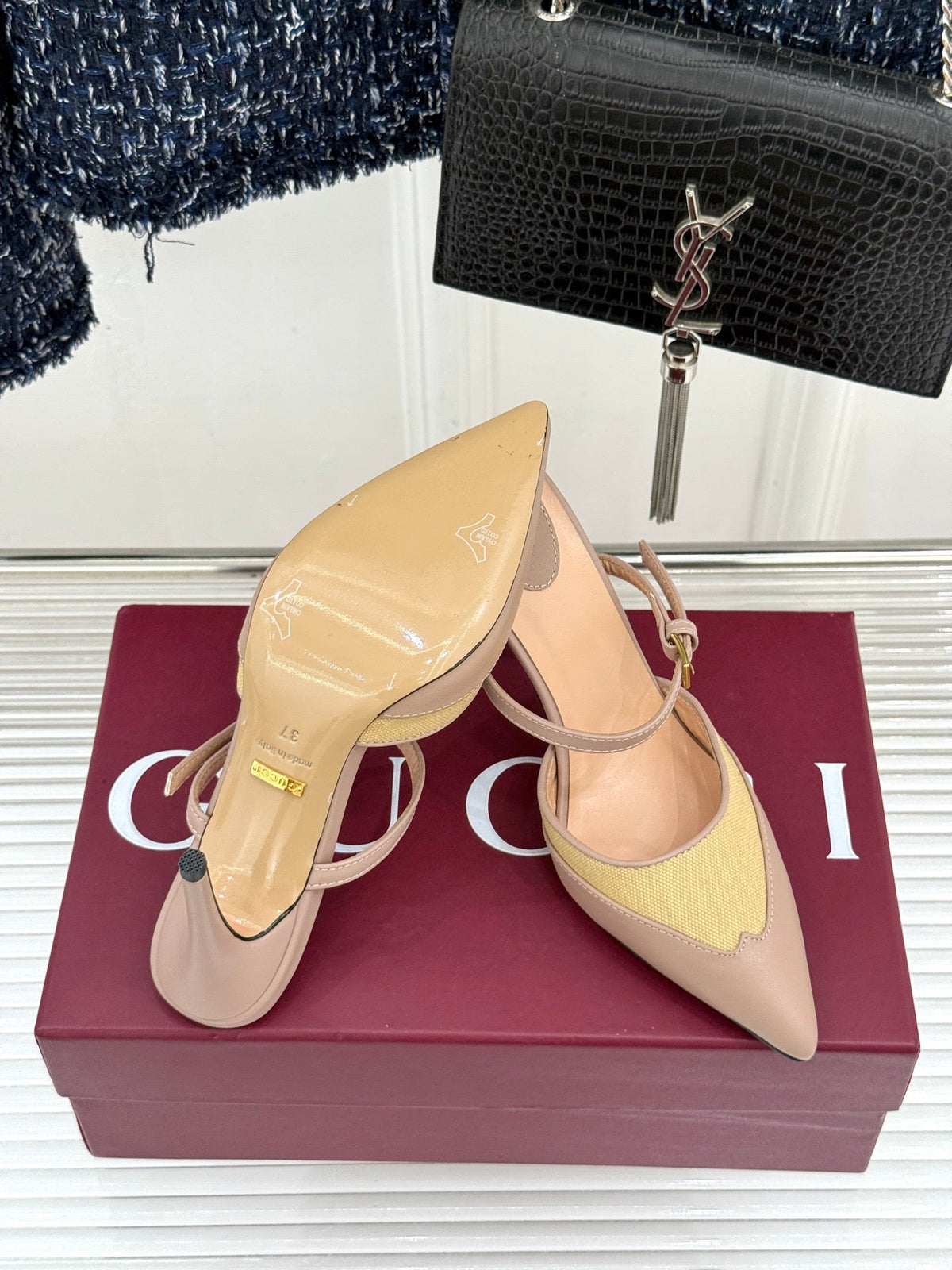 GG 26WF Mules 9.5cm Beige Leather Canvas 886171
