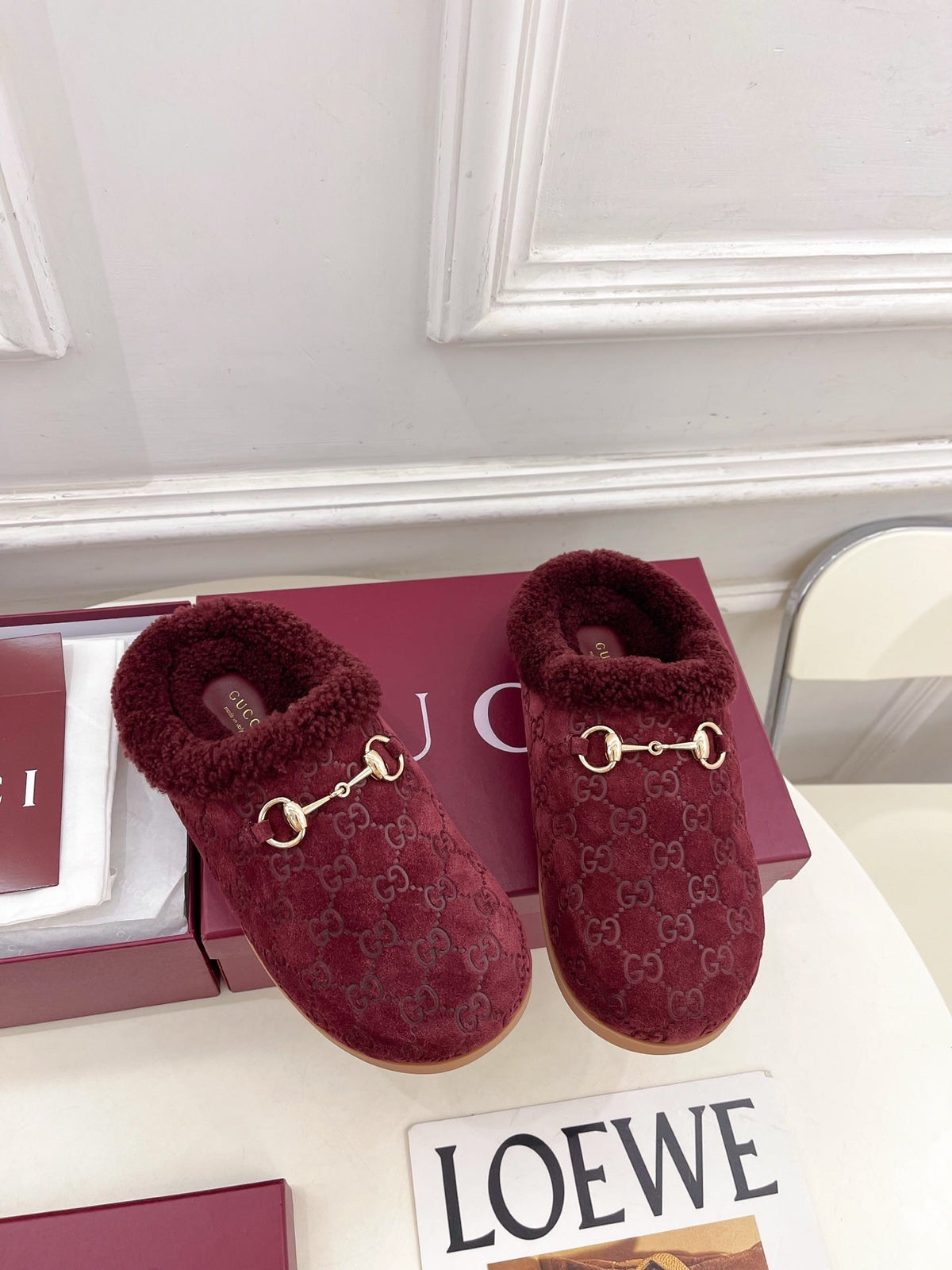 GG Horsebit Embossed Mule Red Suede And Wool 536051