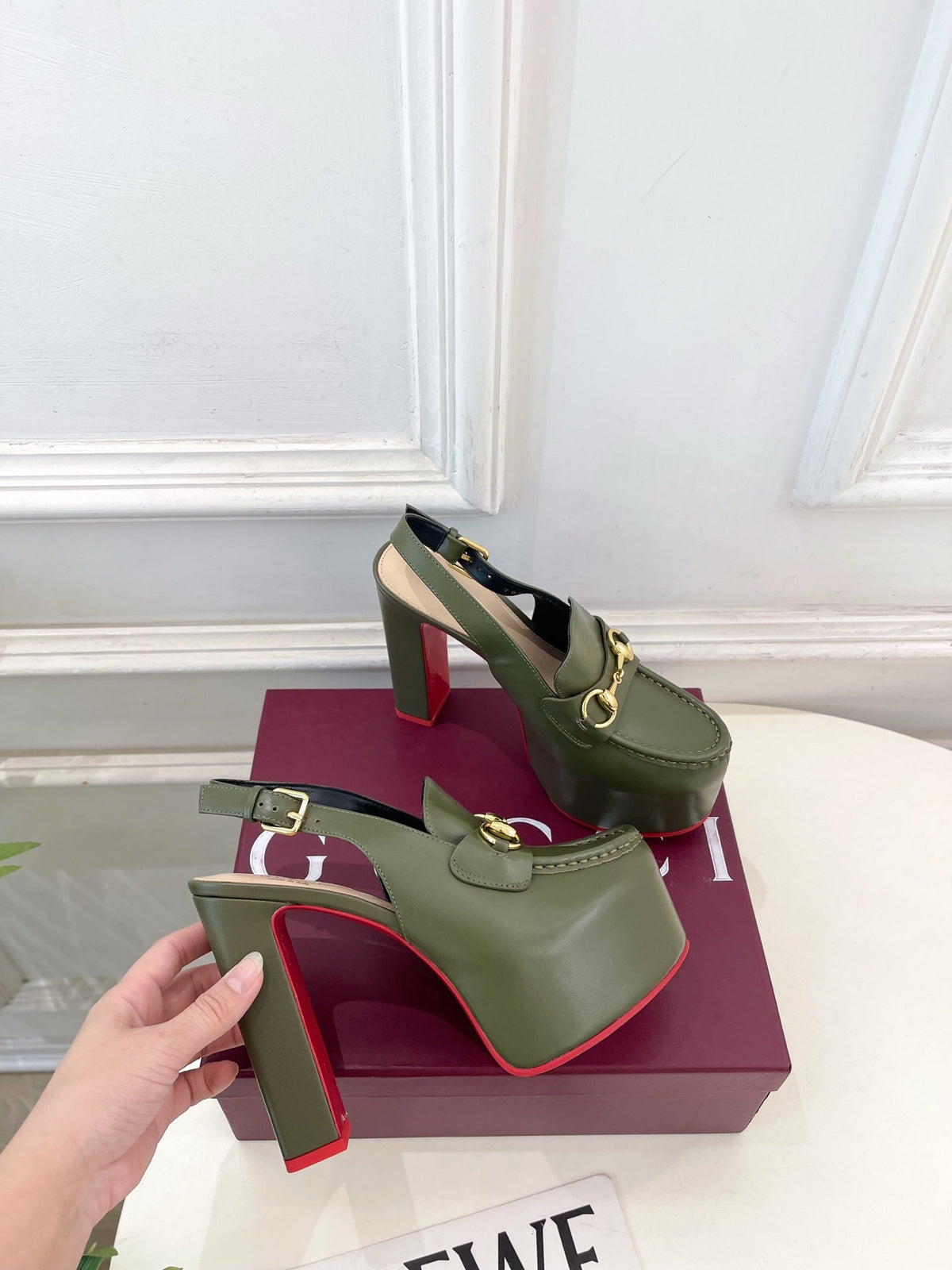 GG Horsebit Platform Loafer Slingback Olive Leather 640265