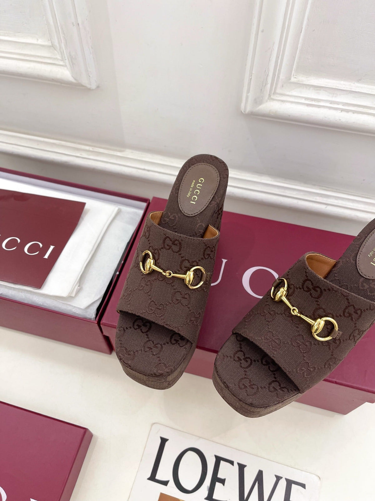 GC Wedge With Horsebit Sandal Dark Brown Canvas 640274