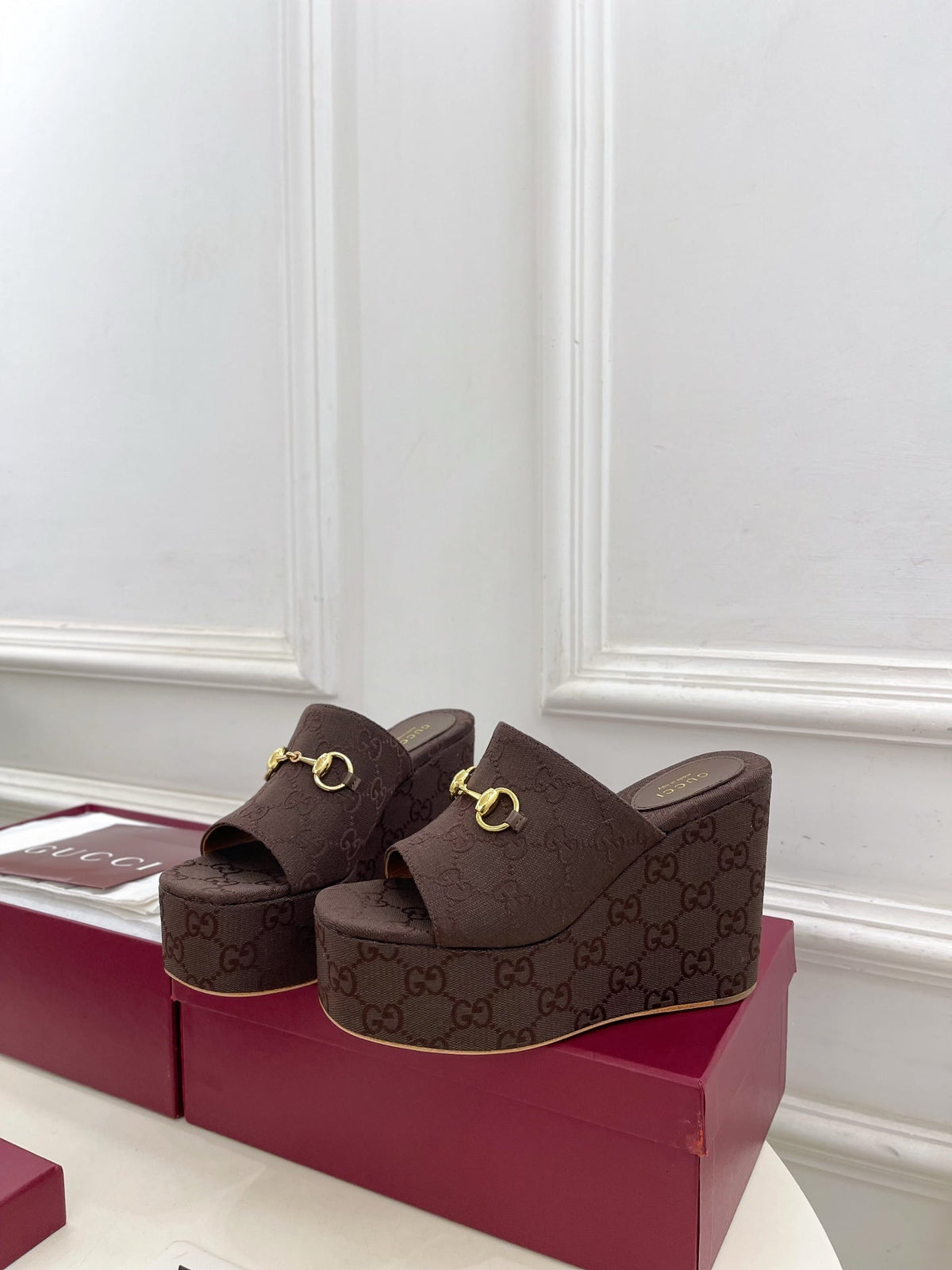 GC Wedge With Horsebit Sandal Dark Brown Canvas 640274