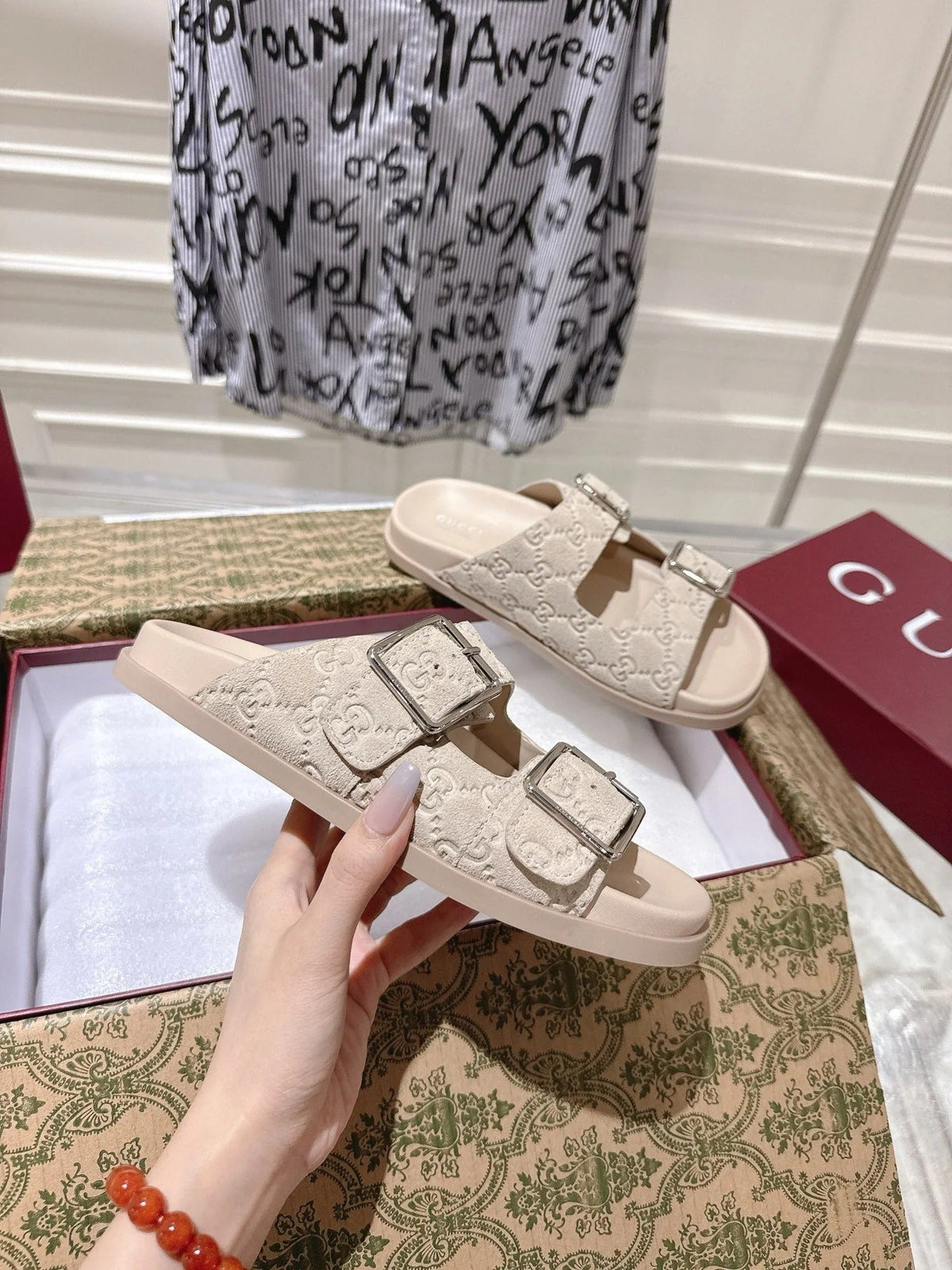 SANDALS IN NUDE BEIGE SUEDE EMBOSSED LOGO SILVER HARDWARE