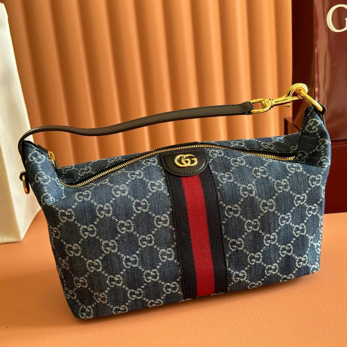 Gucci 2026 Vanity GG-Canvas Top Handle Bag 27.5cm Blue Denim Leather 277185