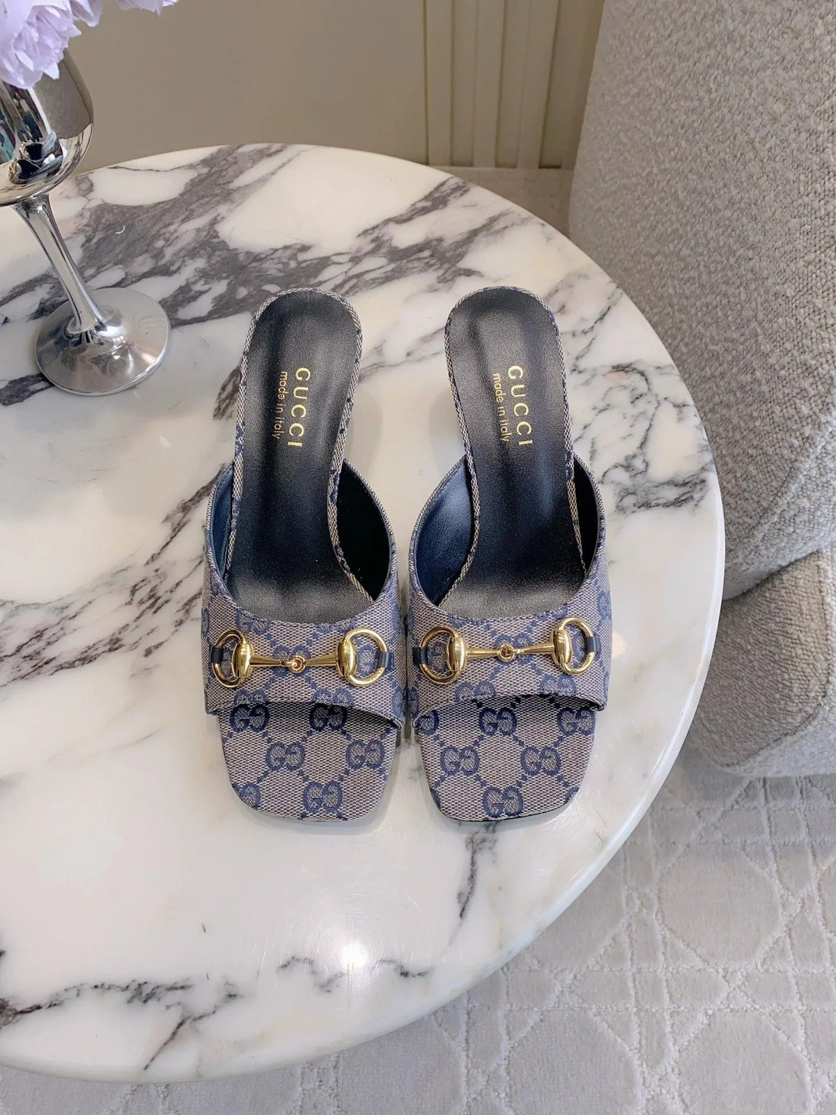 GG 26SS High-Heeled Sandals Gray Blue Black Canvas Leather 644533