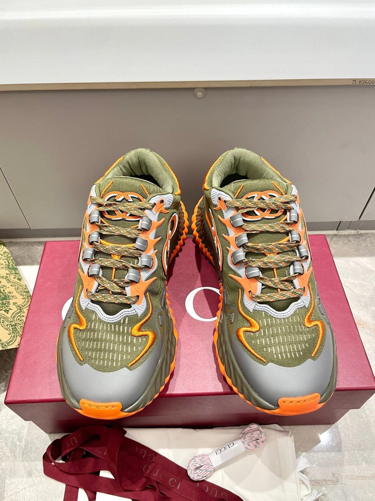 GG 26 Casual Sneakers Olive Green Orange Mesh Fabric 632855