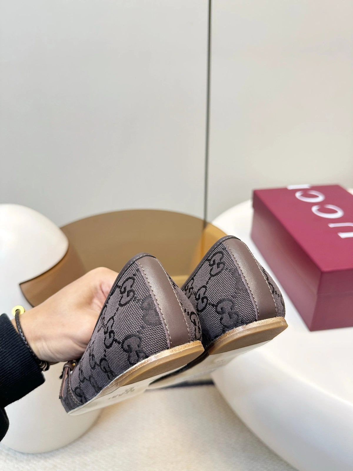 GG 26SS Ballet Flats Dark Brown Monogram Fabric Sheepskin 645711