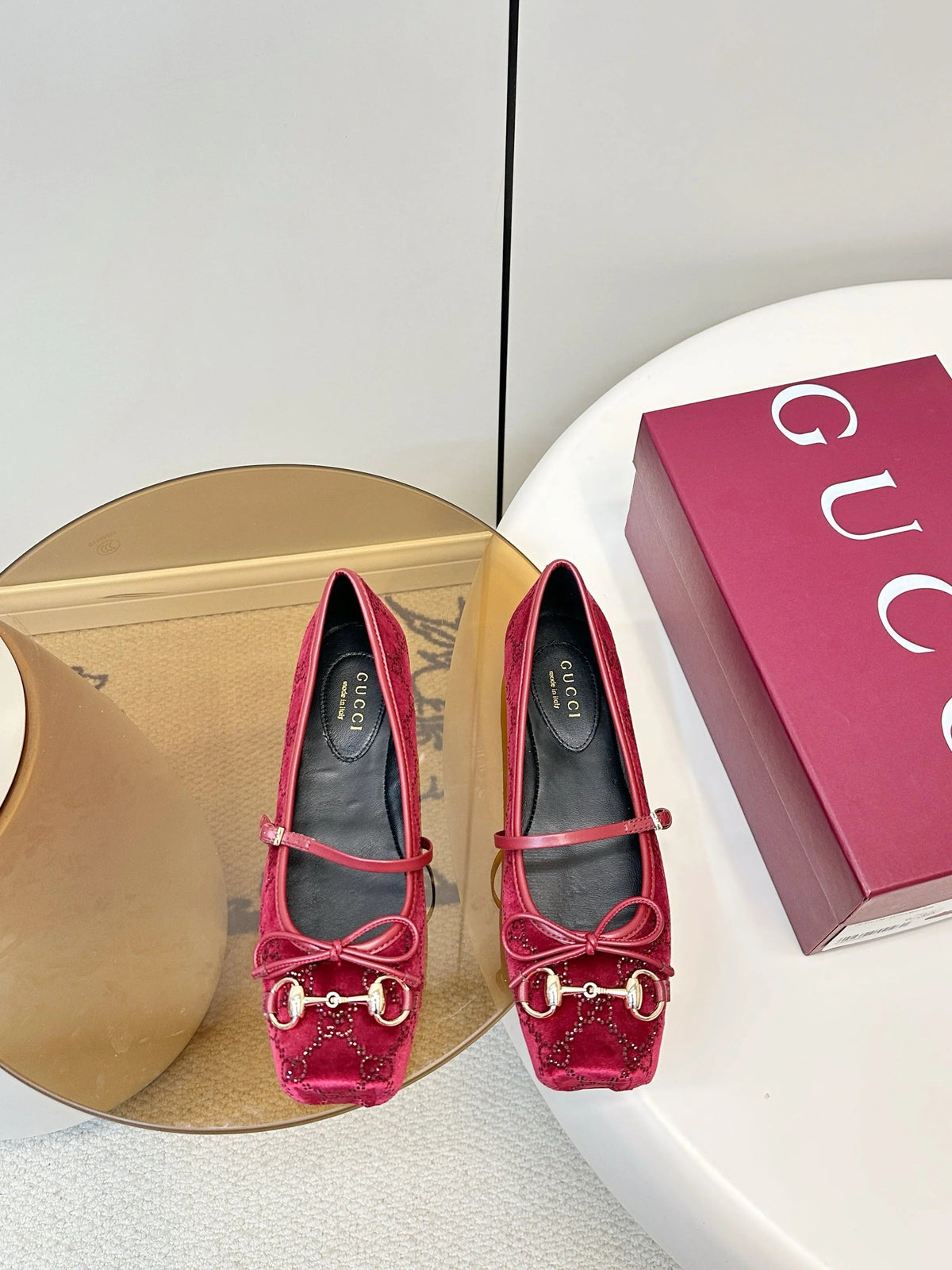 GG 26SS Ballet Flats Rhinestone Burgundy Velvet Sheepskin 645701