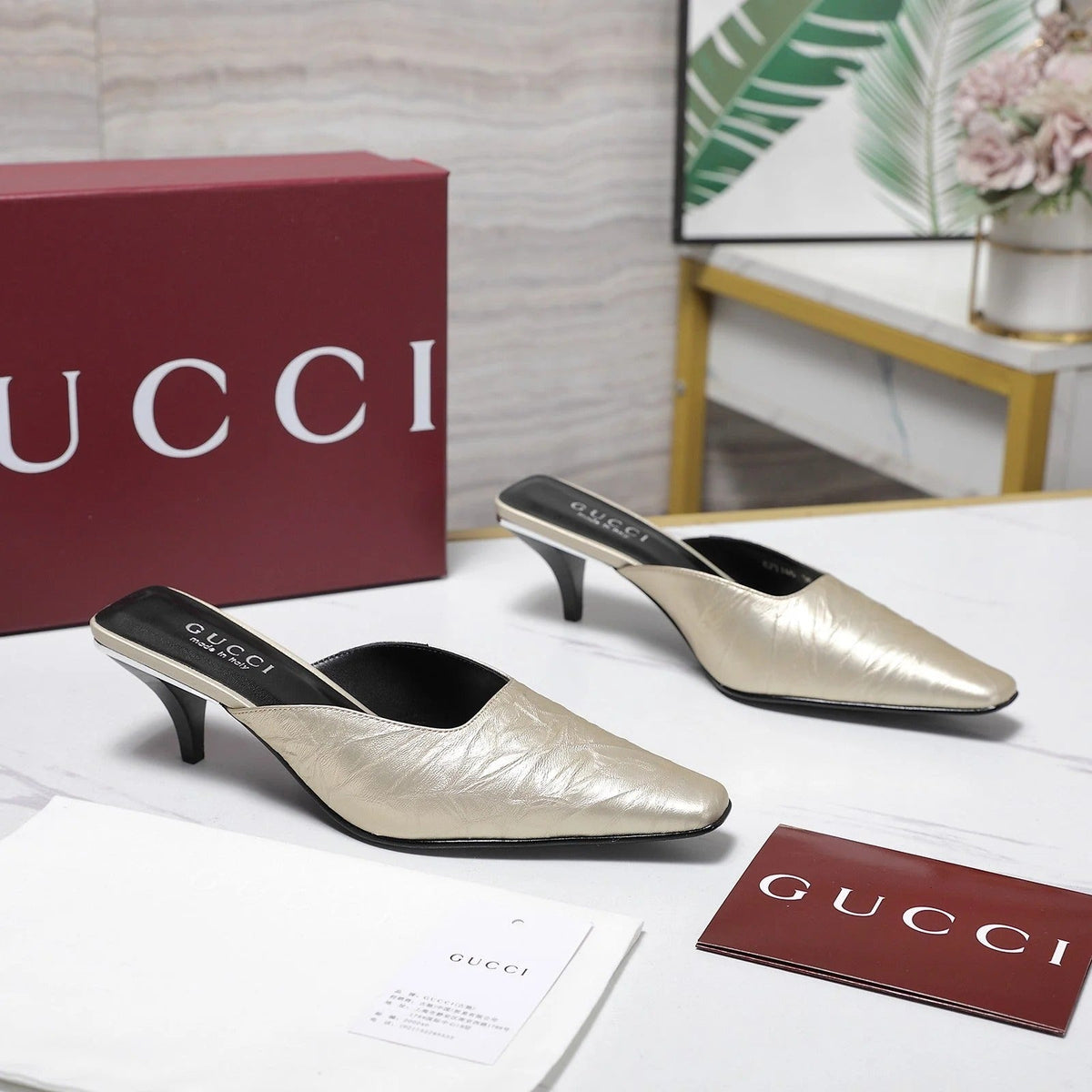 GG 26ss High Heel Mule 60 Metallic Gold Sheepskin 601083