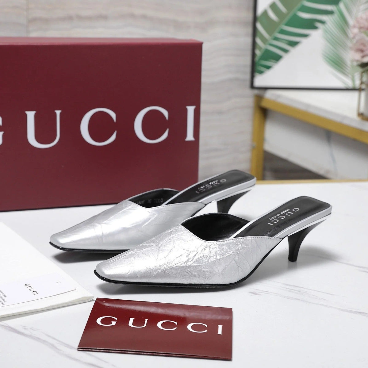 GG 26ss High Heel Mule 60 Metallic Sliver Sheepskin 601082