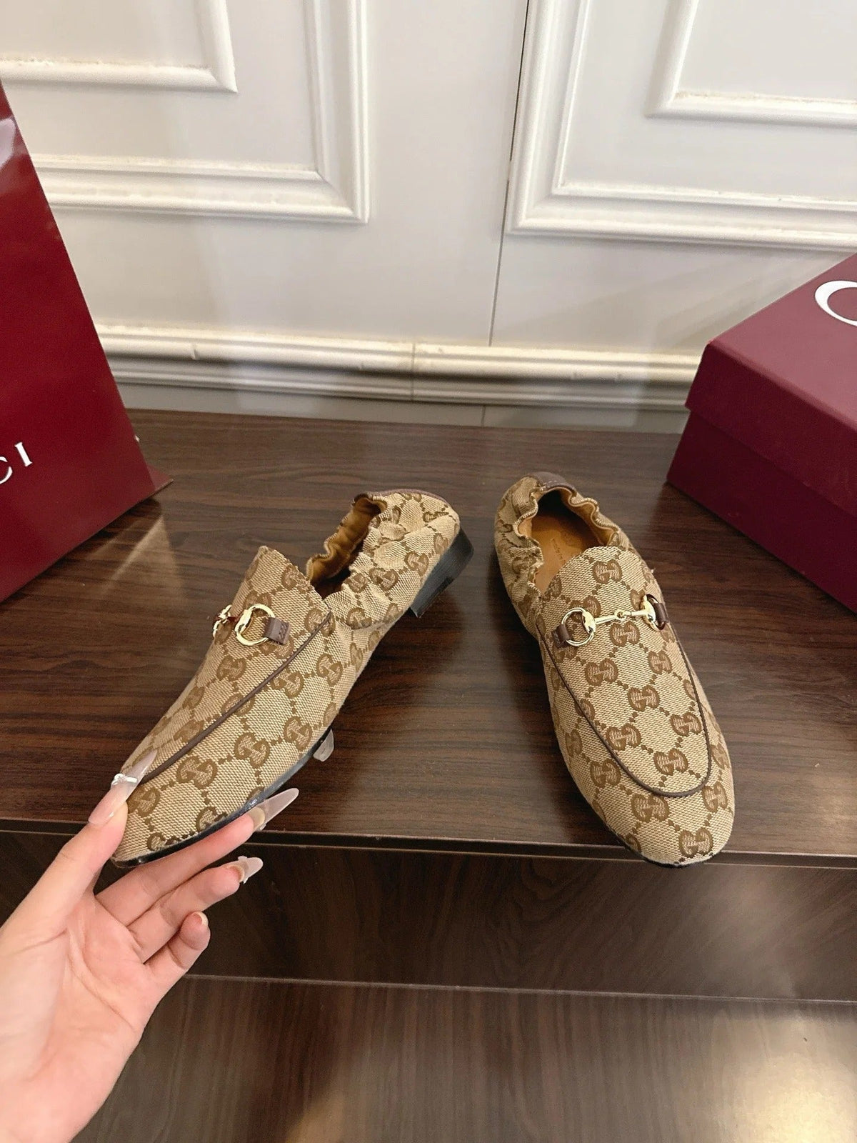 GG 26SS Loafers Beige Brown Monogram Canvas Leather 645954