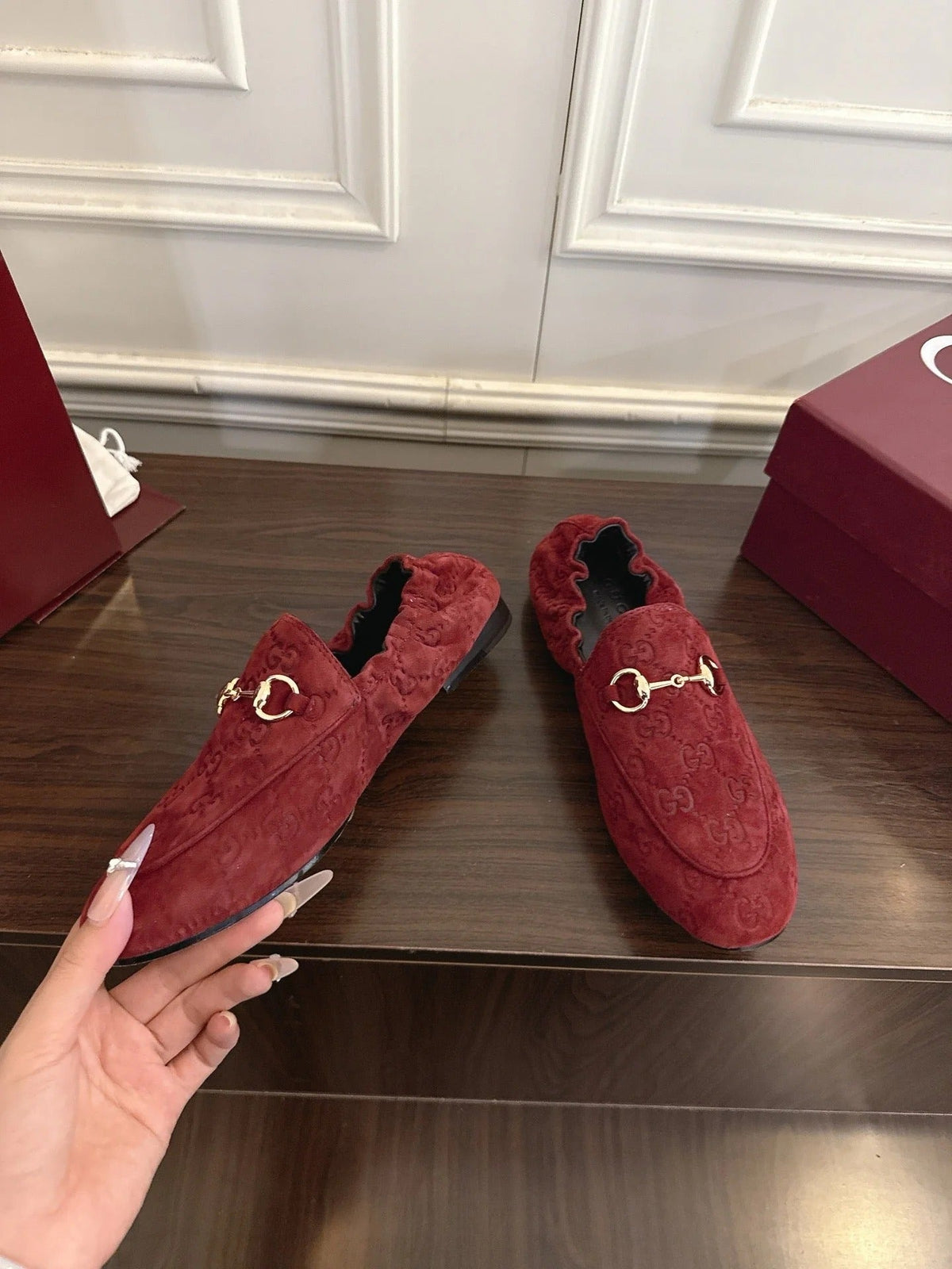 GG 26SS Loafers Burgundy Monogram Suede Leather 645957
