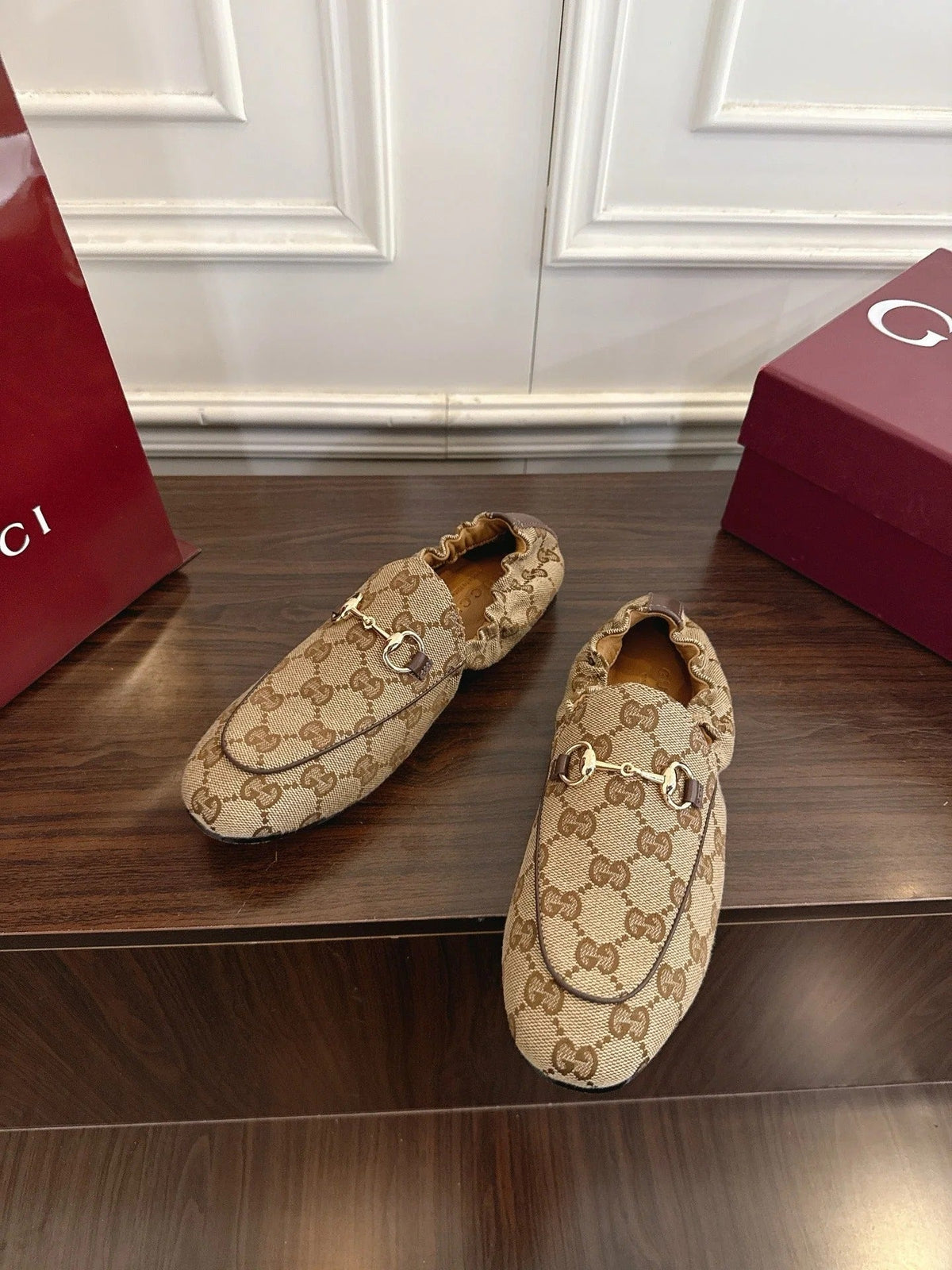 GG 26SS Loafers Beige Brown Monogram Canvas Leather 645954
