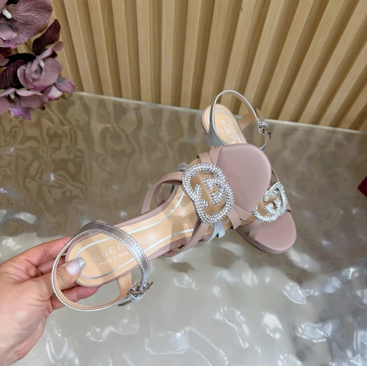 GG 26 High-Heeled Platform Sandals 105 Blush Pink Cowhide 589497