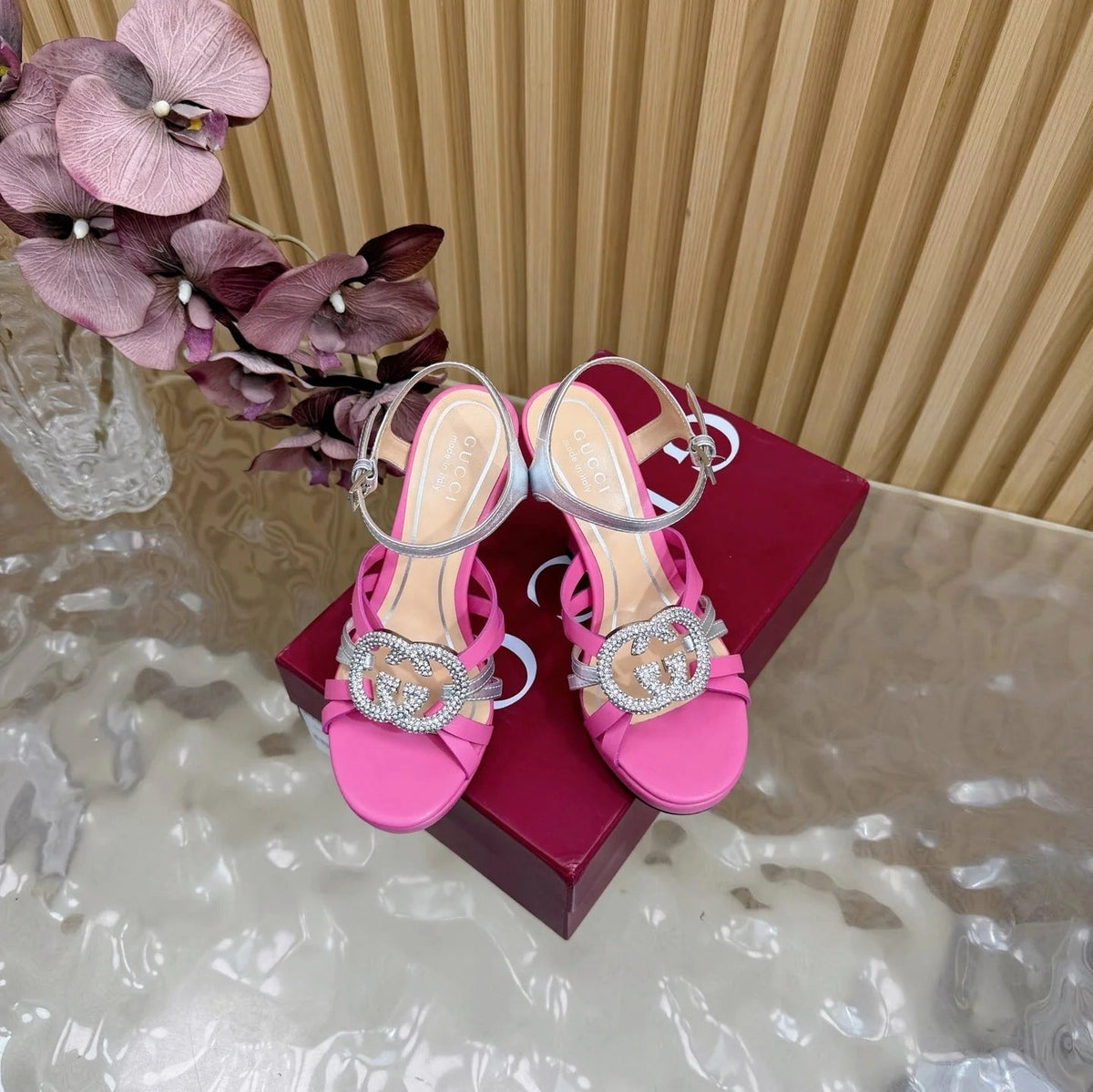 GG 26 High-Heeled Platform Sandals 105 Pink Cowhide 589498